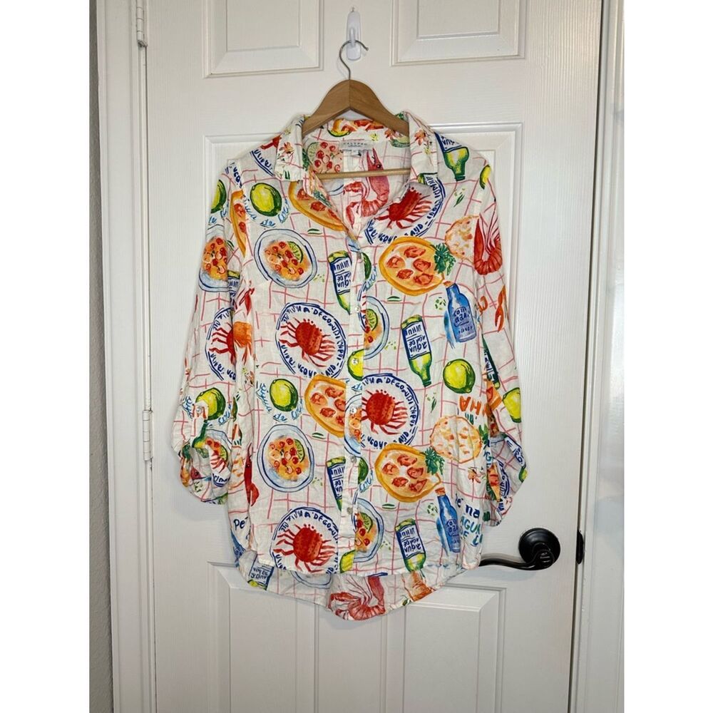 Calyso St Barth Crab Feast Linen Blend Button Down Tunic XL Beach Cruise Summer - Picture 2 of 9